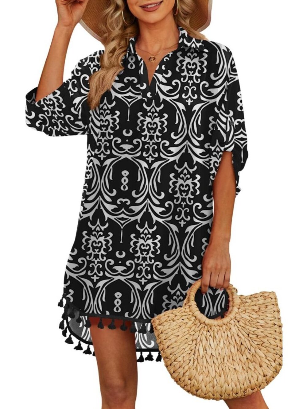 Women's Black & White Polyester Cover Up Tassel Swimsuit Beachwear Swimwear